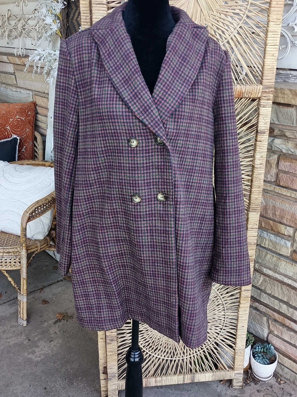 Just Fashion Now Classic Double-Breasted Plaid Coat - Purple Houndstooth_XL
